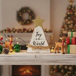 Handmade Wooden "Joy To The World" Christmas Tree Decor With Glitter Star & Twin
